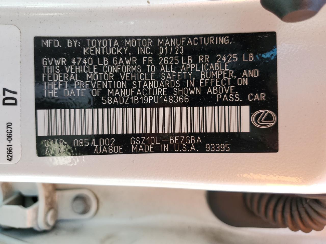 2023 Lexus Es 350 Base VIN: 58ADZ1B19PU148366 Lot: 70993335