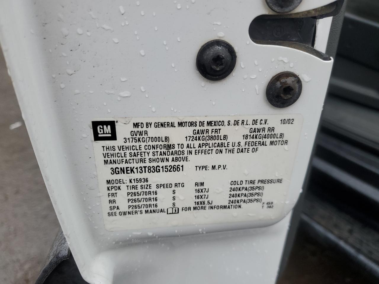 2003 Chevrolet Avalanche K1500 VIN: 3GNEK13T83G152661 Lot: 82103125