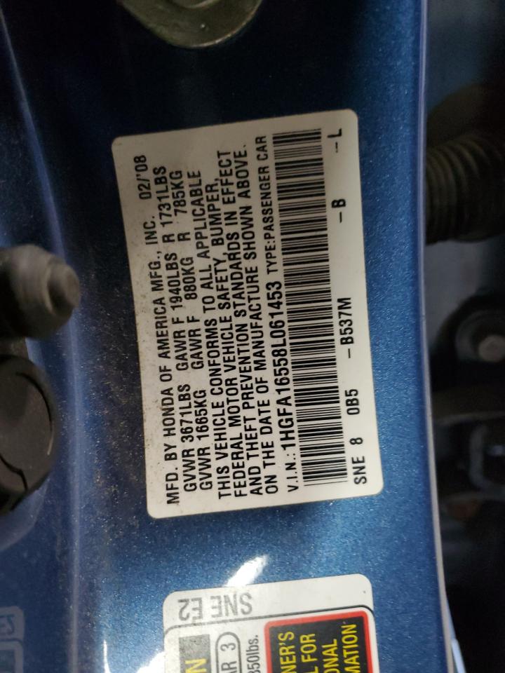 2008 Honda Civic Lx VIN: 1HGFA16558L061453 Lot: 72054765
