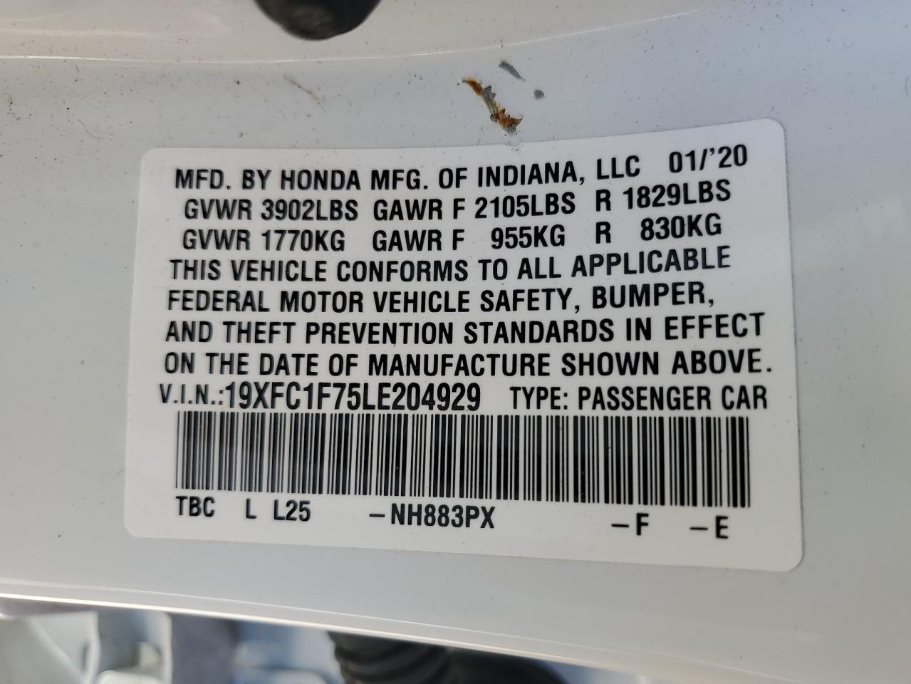 2020 Honda Civic Exl VIN: 19XFC1F75LE204929 Lot: 70498585