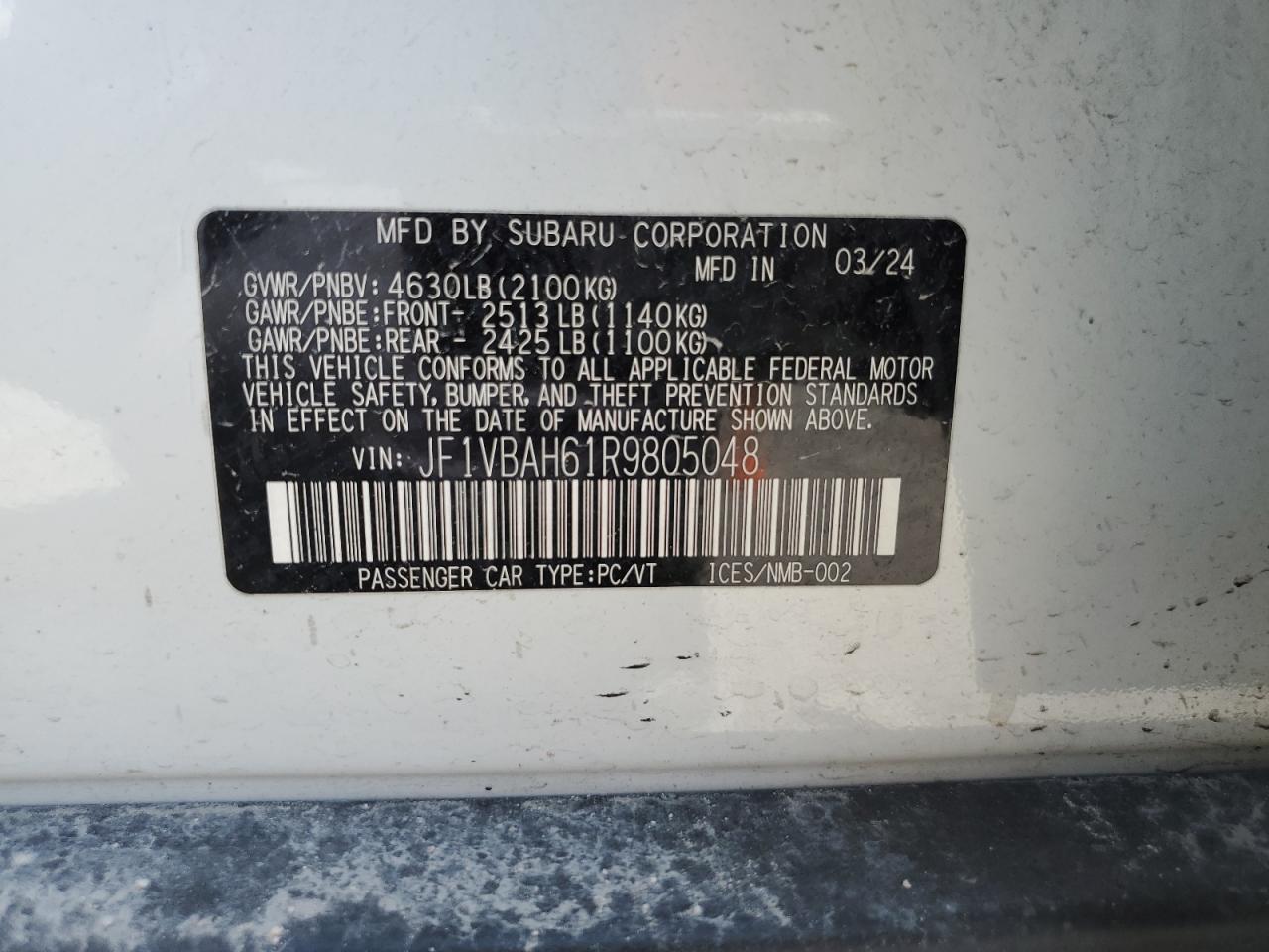 2024 Subaru Wrx Premium VIN: JF1VBAH61R9805048 Lot: 80517465