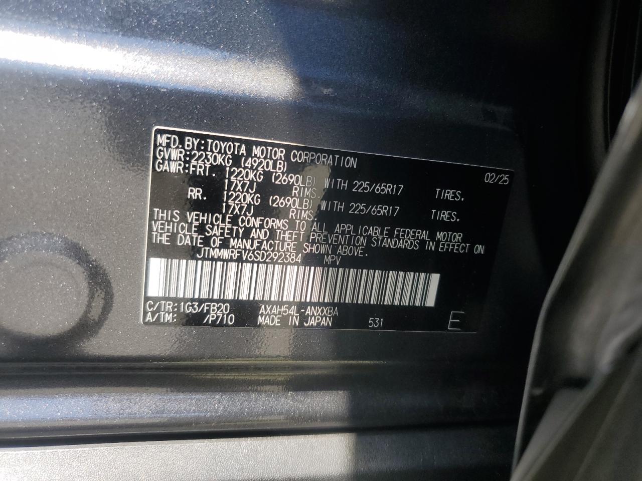 2025 Toyota Rav4 Le VIN: JTMMWRFV6SD292384 Lot: 71930025