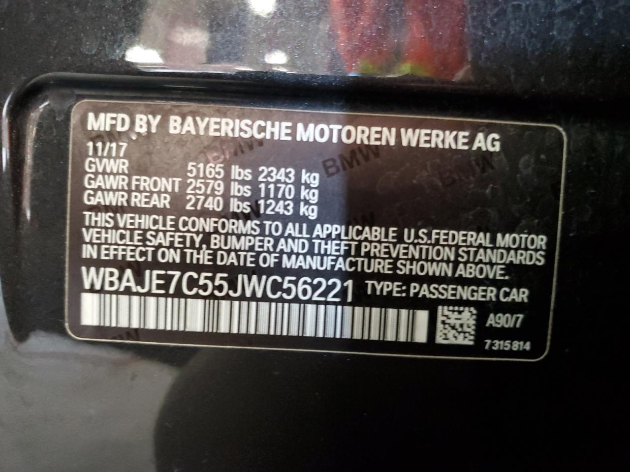 2018 BMW 540 Xi VIN: WBAJE7C55JWC56221 Lot: 80346035