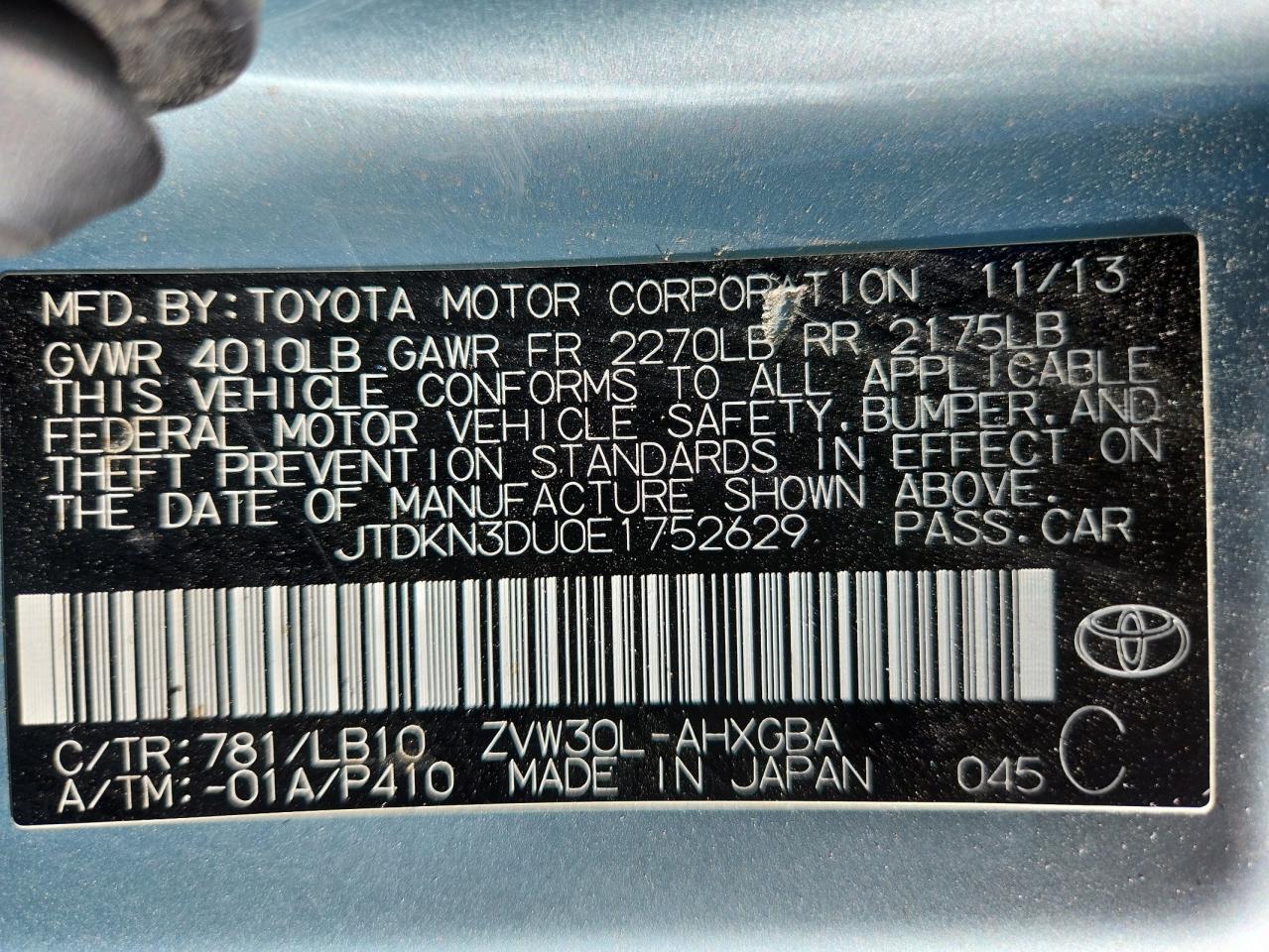 2014 Toyota Prius VIN: JTDKN3DU0E1752629 Lot: 72100005