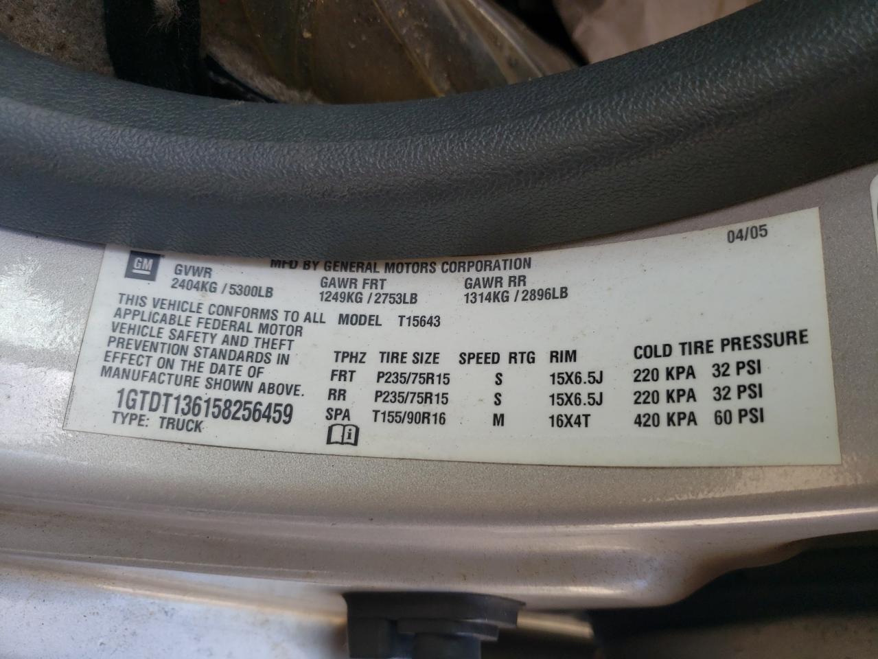 2005 GMC Canyon VIN: 1GTDT136158256459 Lot: 81728525