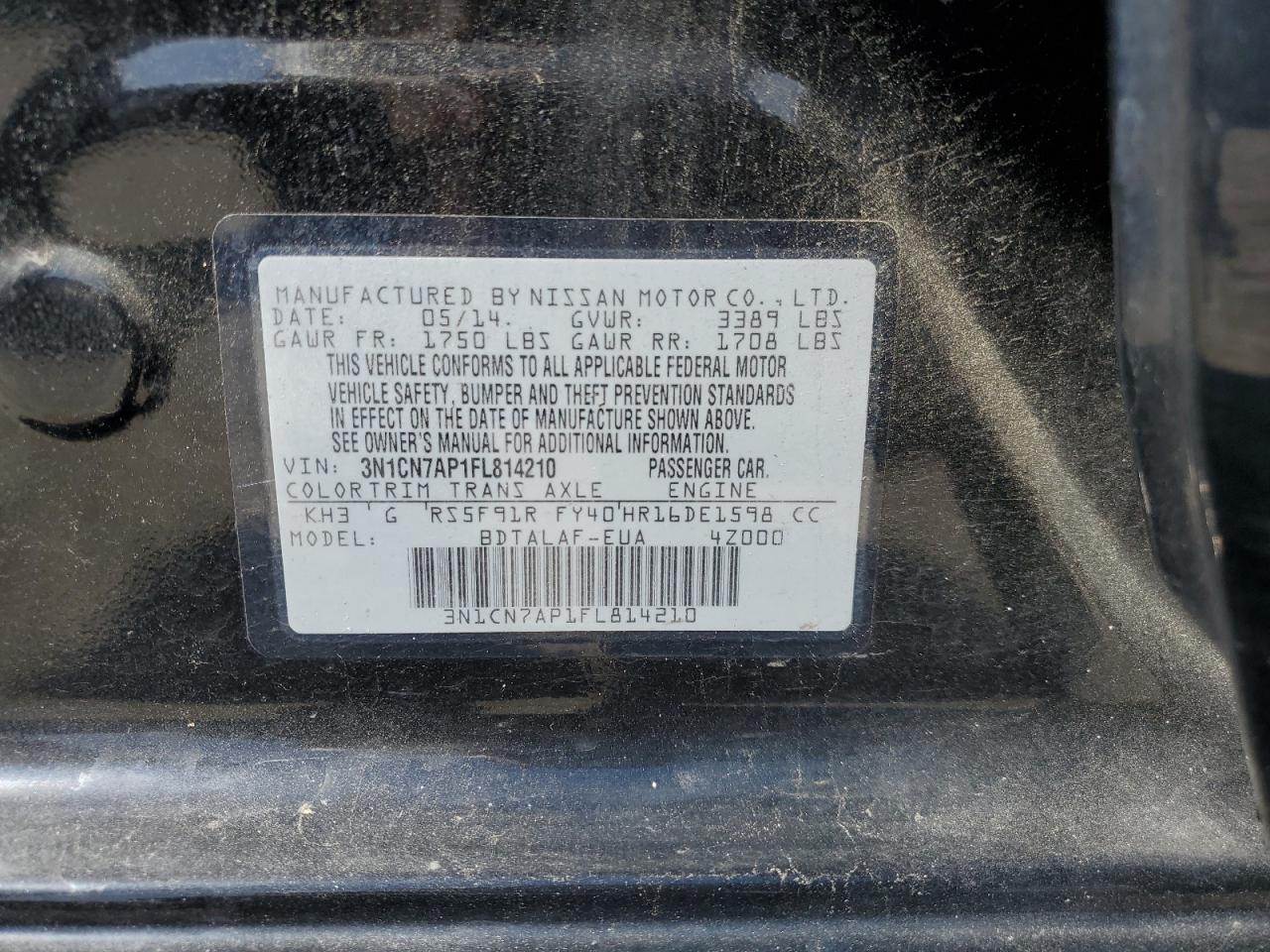 2015 Nissan Versa S VIN: 3N1CN7AP1FL814210 Lot: 70987945