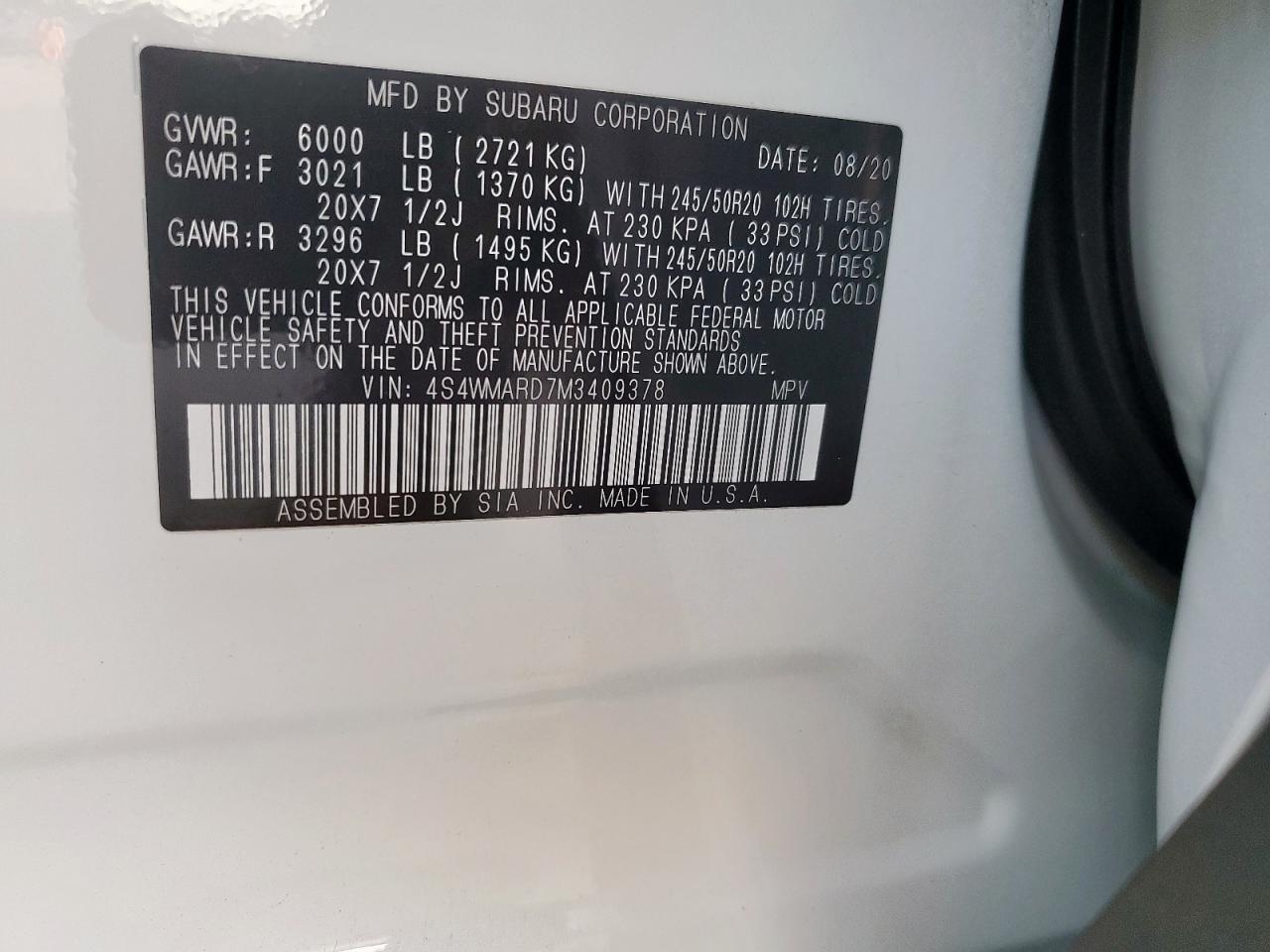 2021 Subaru Ascent Touring VIN: 4S4WMARD7M3409378 Lot: 80085495