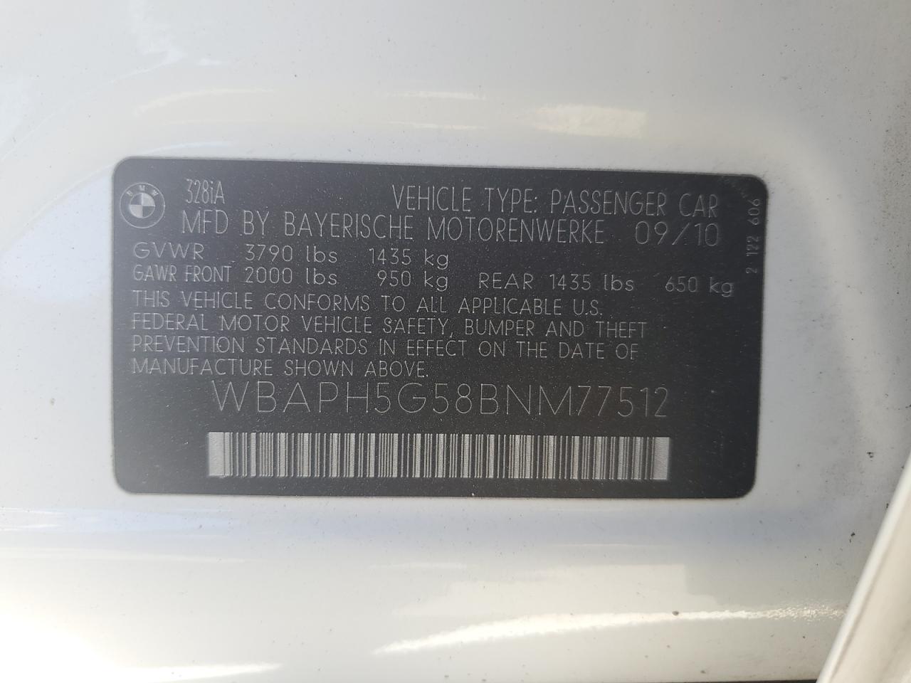 2011 BMW 328 I Sulev VIN: WBAPH5G58BNM77512 Lot: 80669165