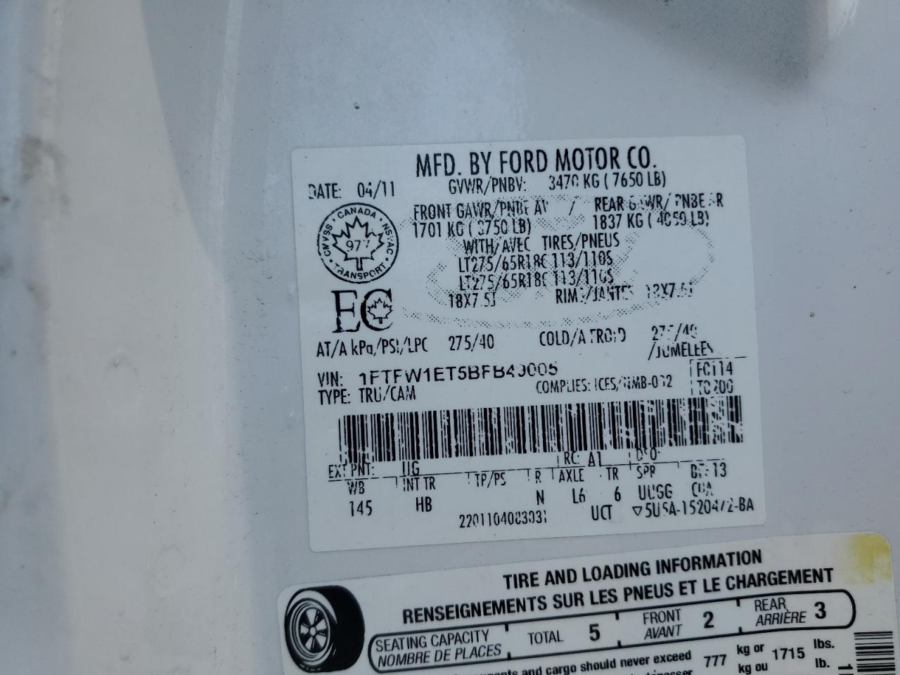 2011 Ford F150 Supercrew VIN: 1FTFW1ET5BFB49005 Lot: 81568225