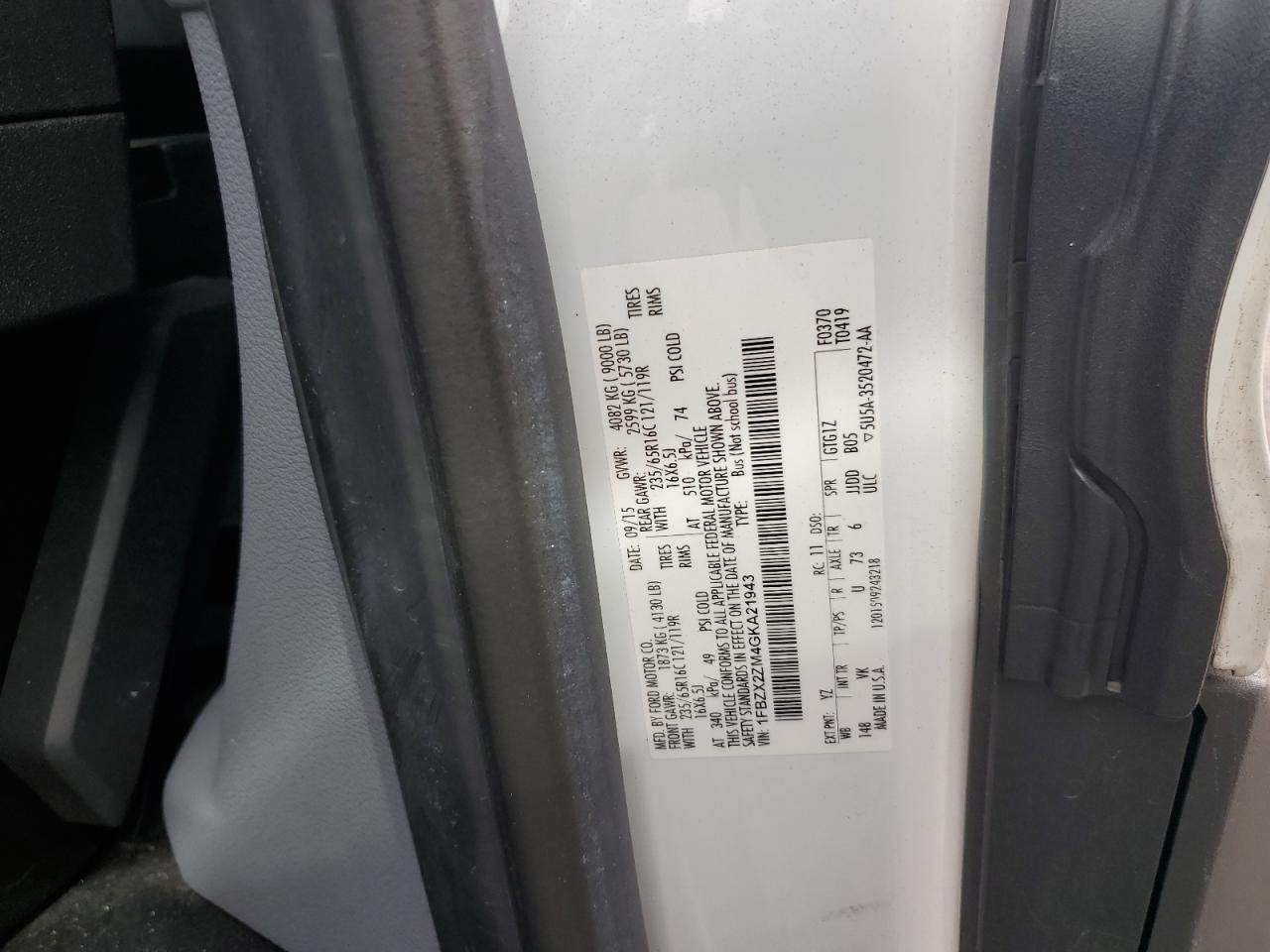 2016 Ford Transit T-350 VIN: 1FBZX2ZM4GKA21943 Lot: 84009175