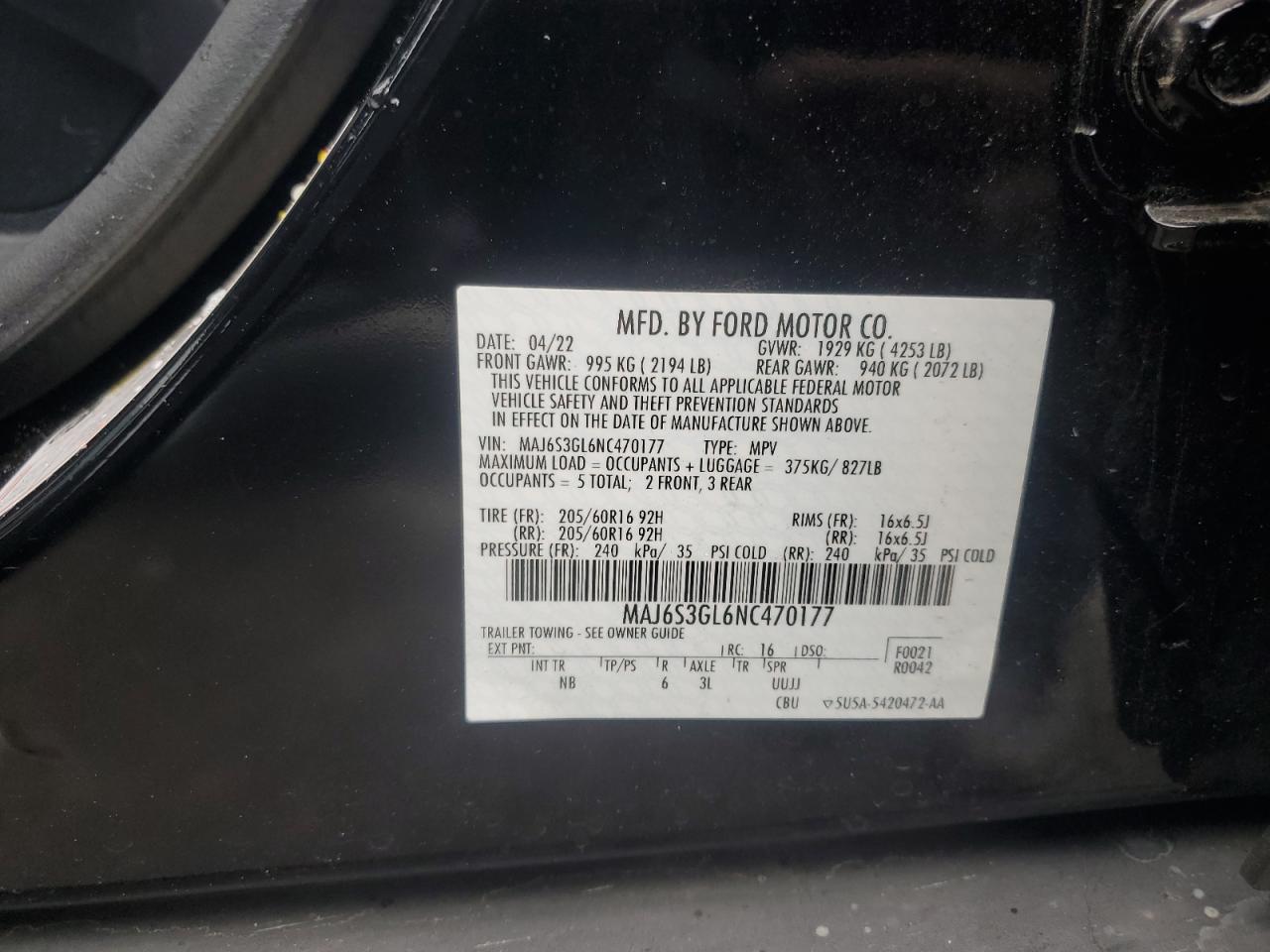 2022 Ford Ecosport Se VIN: MAJ6S3GL6NC470177 Lot: 80806395