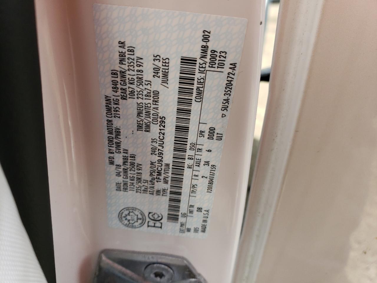 2018 Ford Escape Titanium VIN: 1FMCU9J97JUC21295 Lot: 84000725