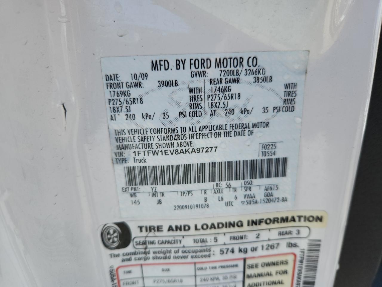 2010 Ford F150 Supercrew VIN: 1FTFW1EV8AKA97277 Lot: 71917805