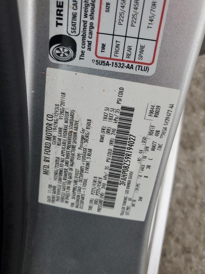 2009 Ford Fusion Sel VIN: 3FAHP08Z59R194027 Lot: 71418985