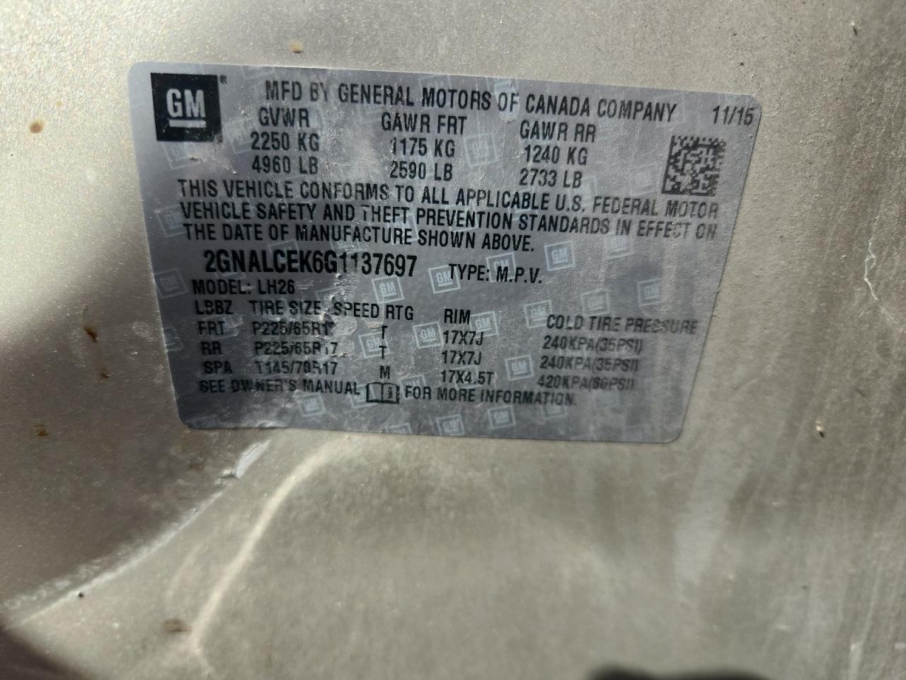 2016 Chevrolet Equinox Lt VIN: 2GNALCEK6G1137697 Lot: 84037385