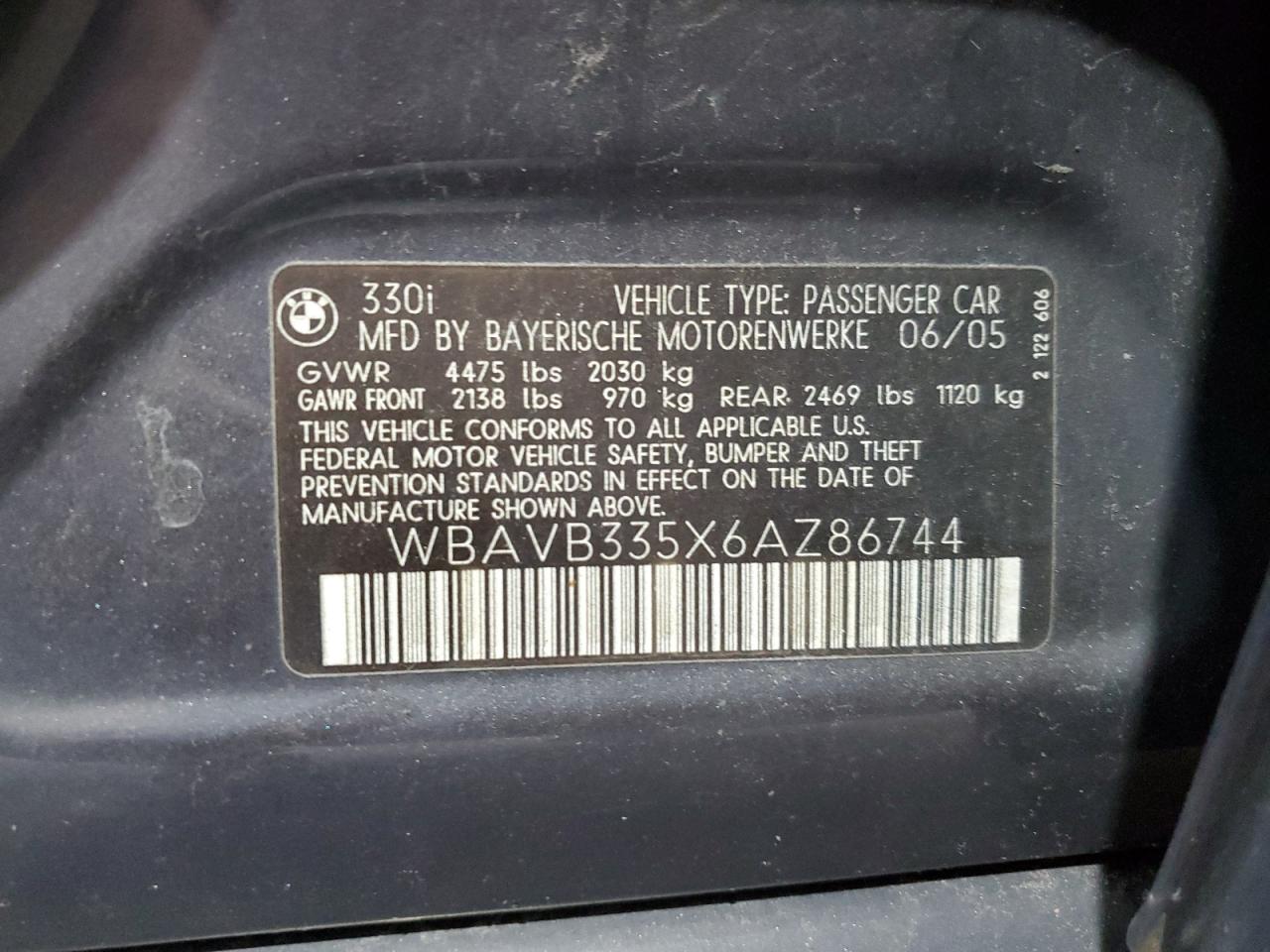 2006 BMW 330 I VIN: WBAVB335X6AZ86744 Lot: 80352395