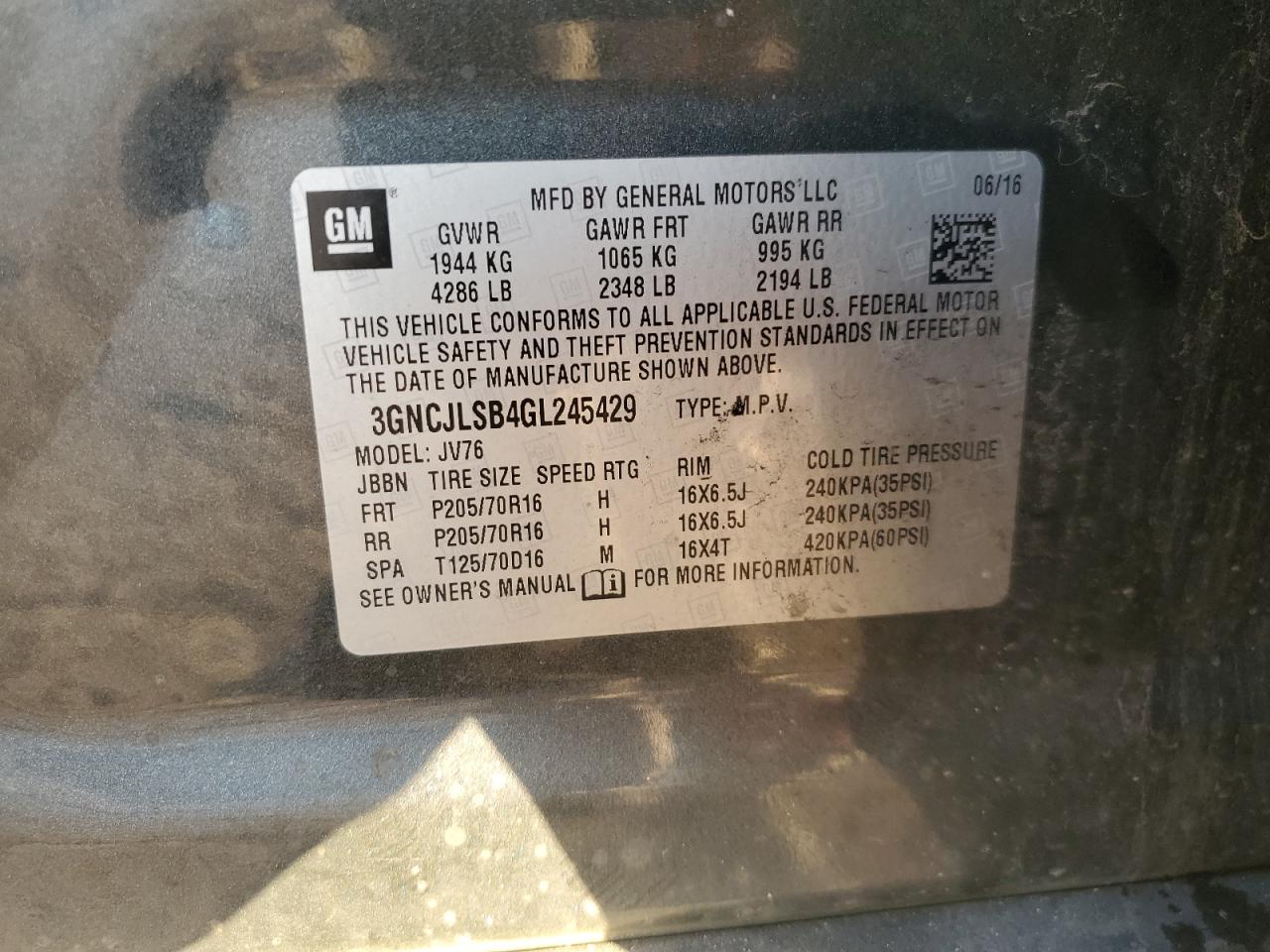 2016 Chevrolet Trax 1Lt VIN: 3GNCJLSB4GL245429 Lot: 80858585