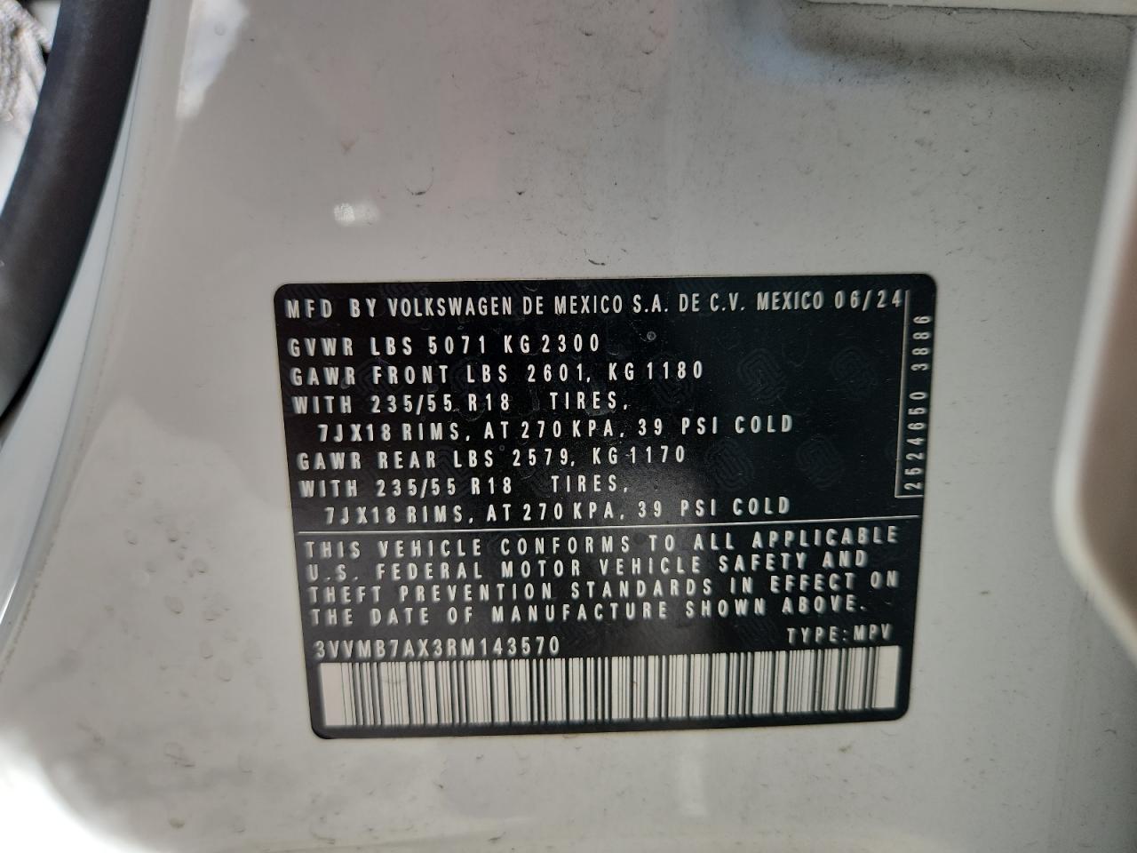 2024 Volkswagen Tiguan Se VIN: 3VVMB7AX3RM143570 Lot: 83943135