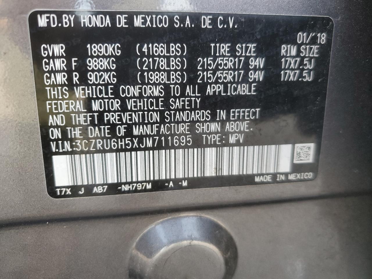 2018 Honda Hr-V Ex VIN: 3CZRU6H5XJM711695 Lot: 80793105