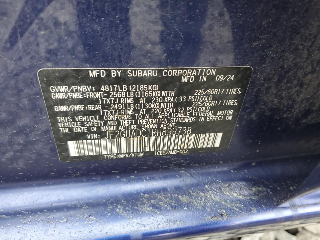 2024 Subaru Crosstrek Premium VIN: JF2GUADC1RH899738 Lot: 84561785