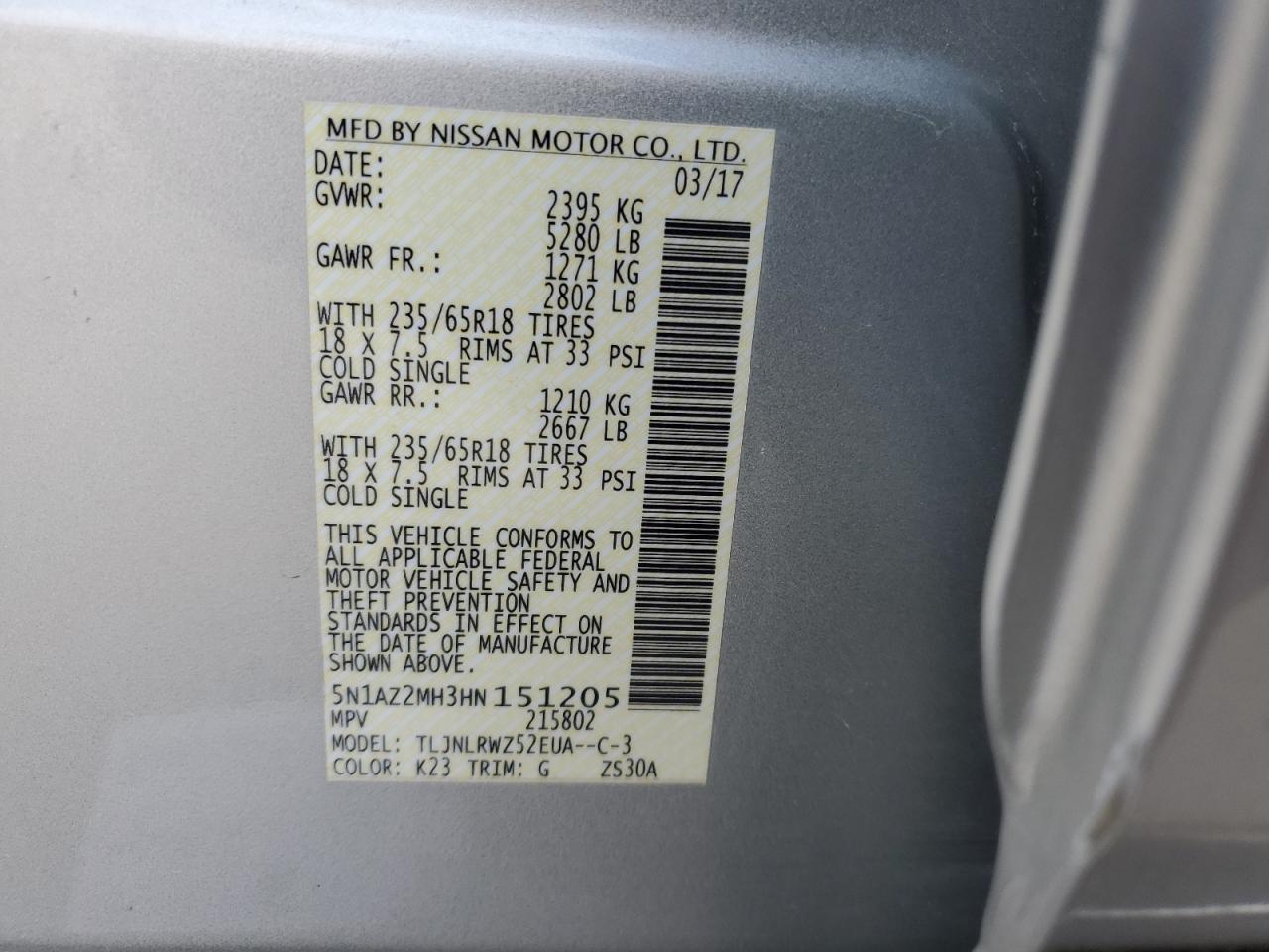 2017 Nissan Murano S VIN: 5N1AZ2MH3HN151205 Lot: 80485835
