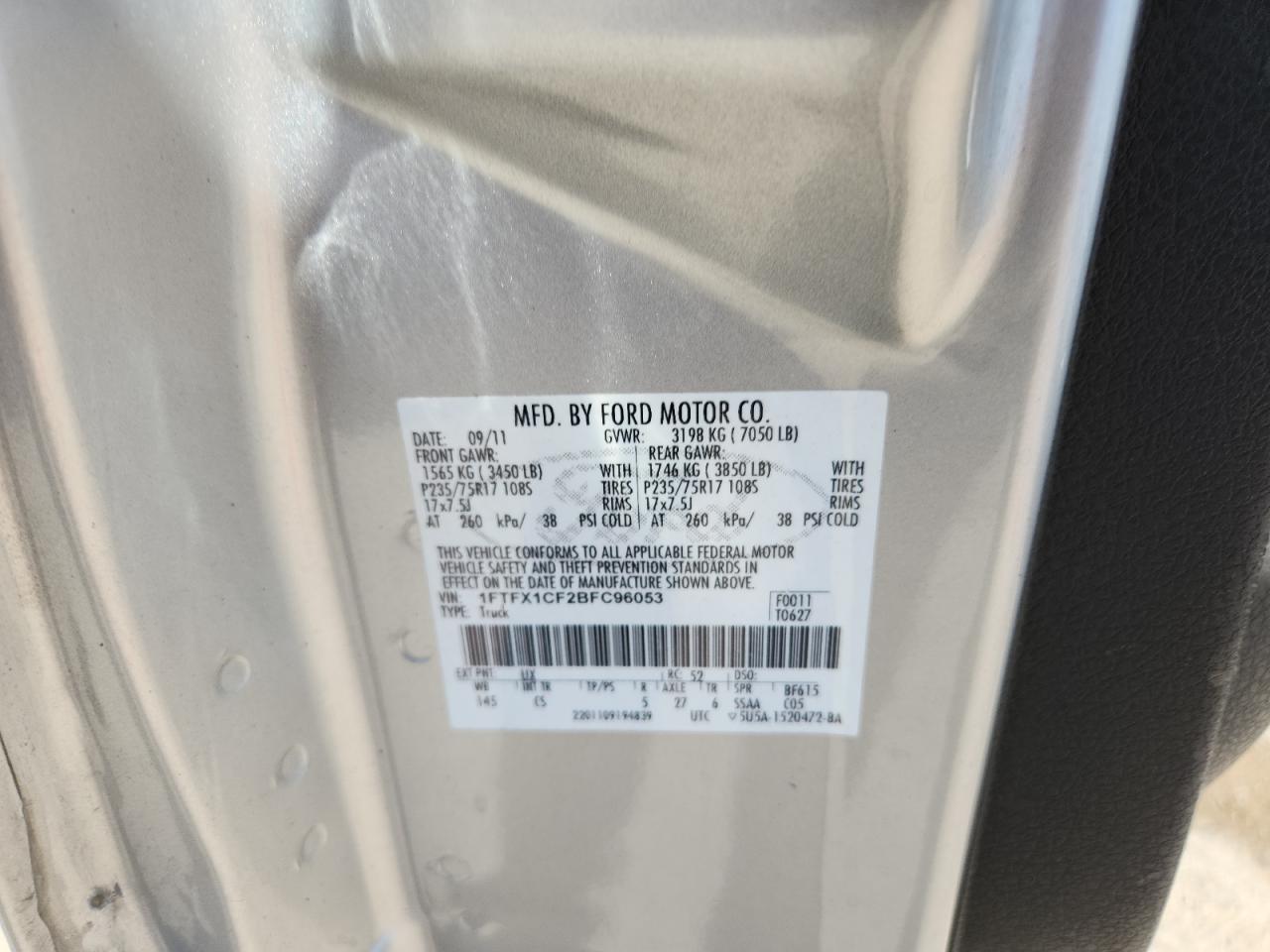 2011 Ford F150 Super Cab VIN: 1FTFX1CF2BFC96053 Lot: 71027445