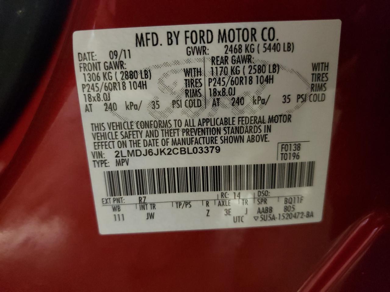 2012 Lincoln Mkx VIN: 2LMDJ6JK2CBL03379 Lot: 81915005