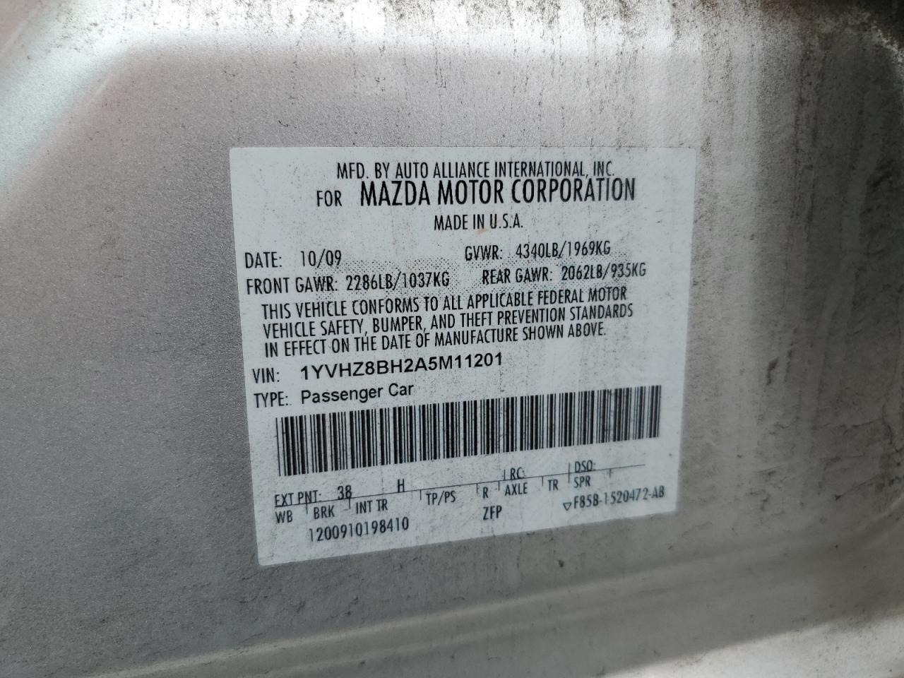 2010 Mazda 6 I VIN: 1YVHZ8BH2A5M11201 Lot: 84054555