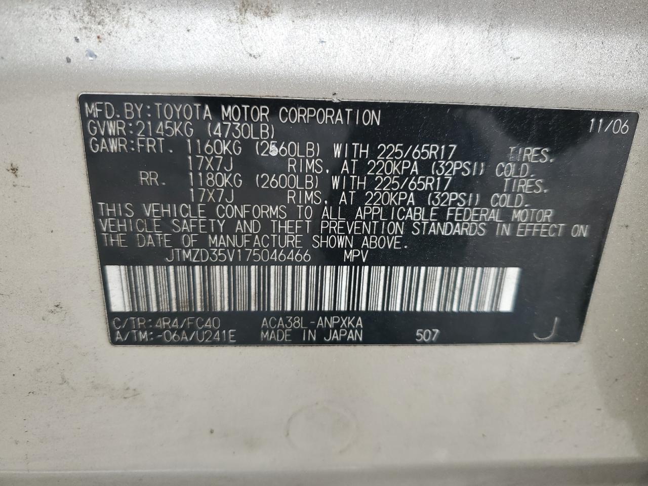 2007 Toyota Rav4 VIN: JTMZD35V175046466 Lot: 83854295