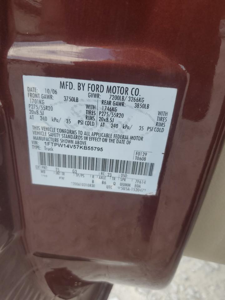 2007 Ford F150 Supercrew VIN: 1FTPW14V57KB55795 Lot: 81300665