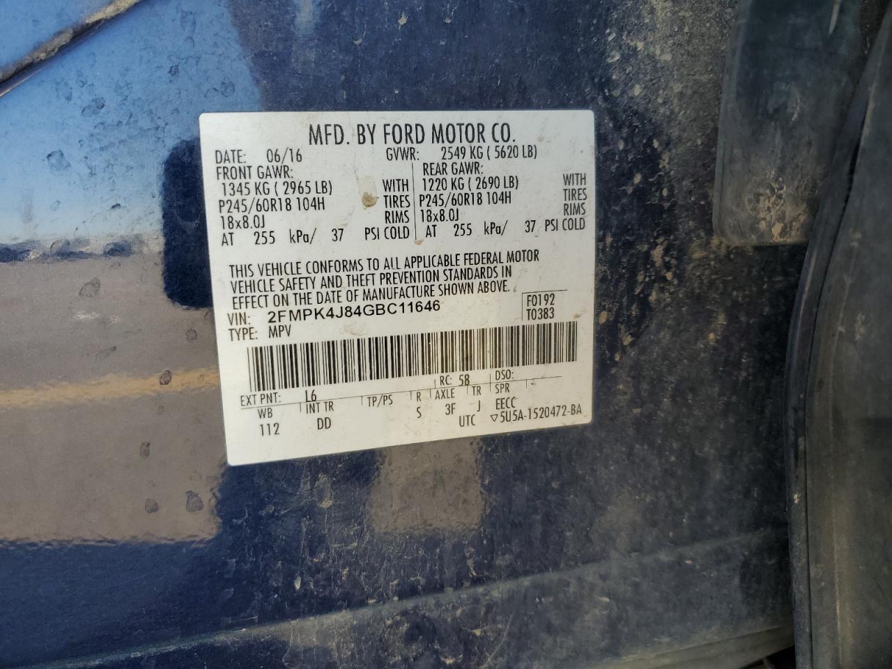 2016 Ford Edge Sel VIN: 2FMPK4J84GBC11646 Lot: 81272925