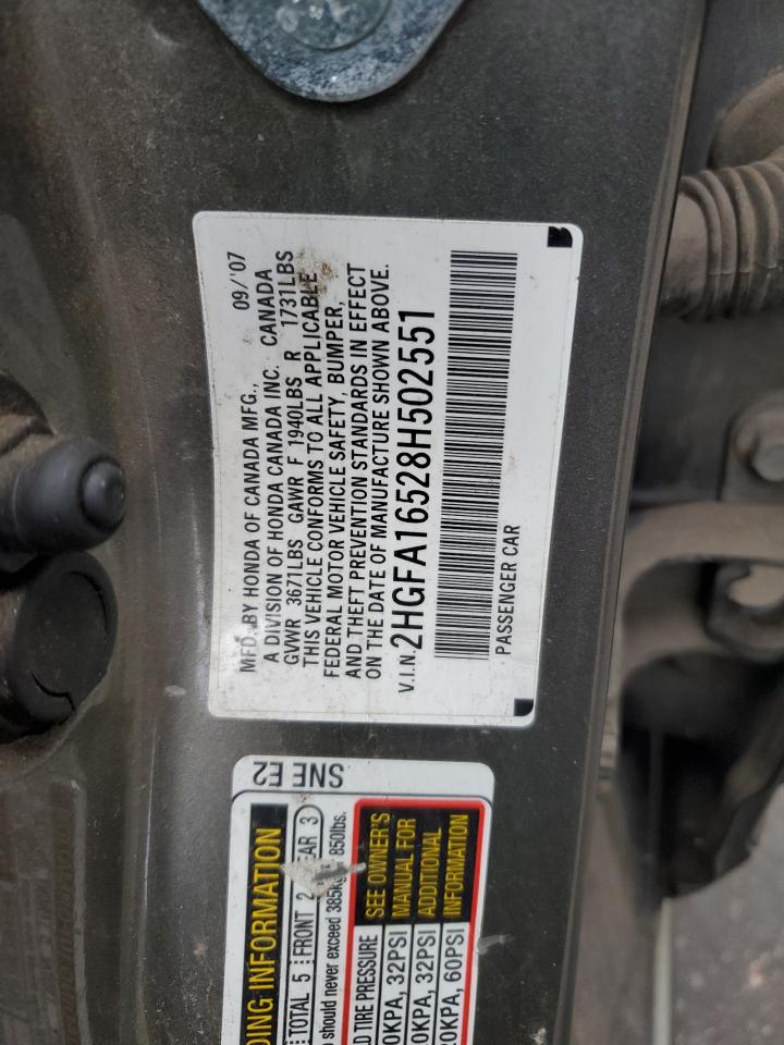 2008 Honda Civic Lx VIN: 2HGFA16528H502551 Lot: 71927185