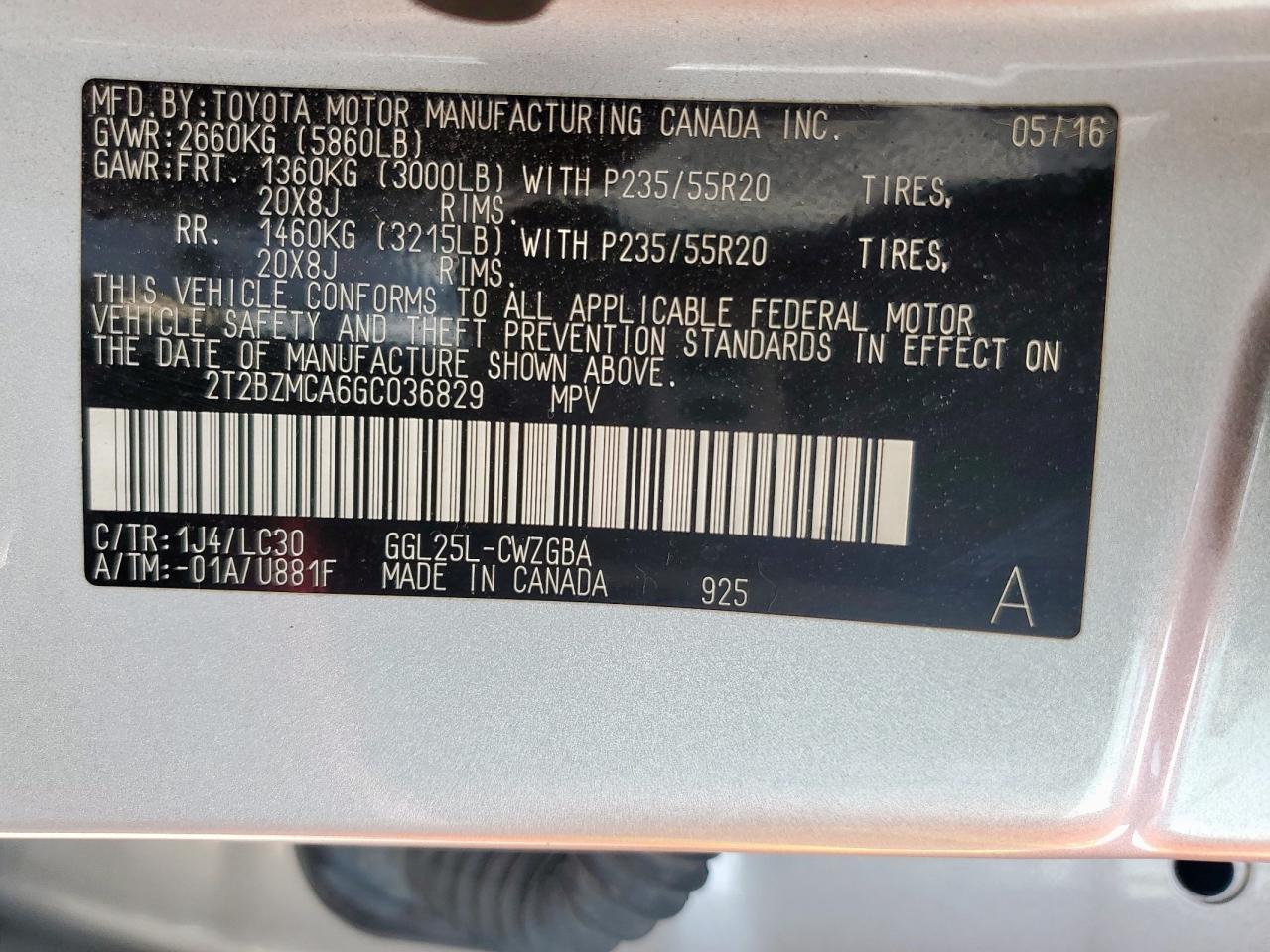 2016 Lexus Rx 350 Base VIN: 2T2BZMCA6GC036829 Lot: 71017735