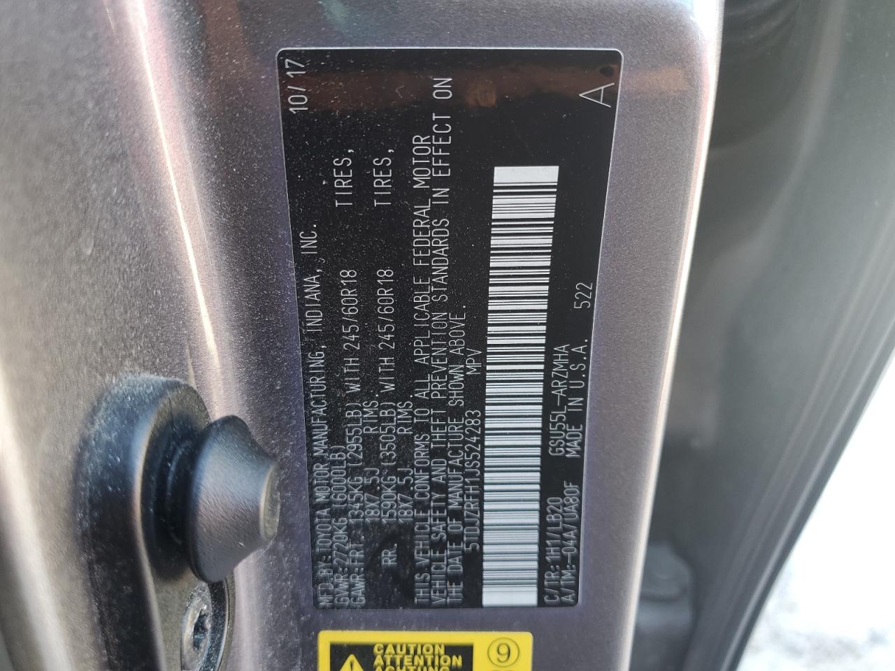 2018 Toyota Highlander Se VIN: 5TDJZRFH1JS524283 Lot: 80382255