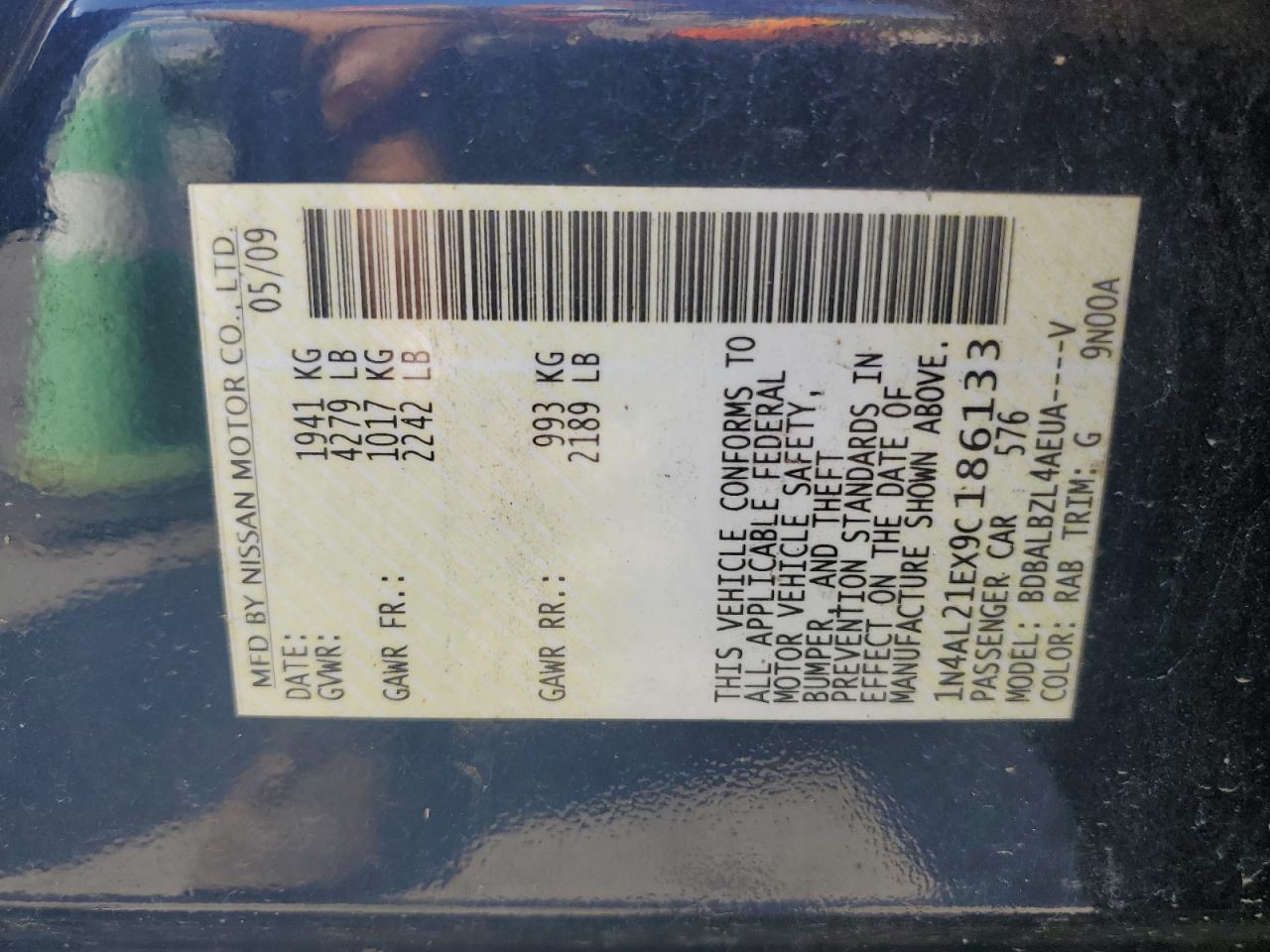 2009 Nissan Altima 2.5 VIN: 1N4AL21EX9C186133 Lot: 80141105