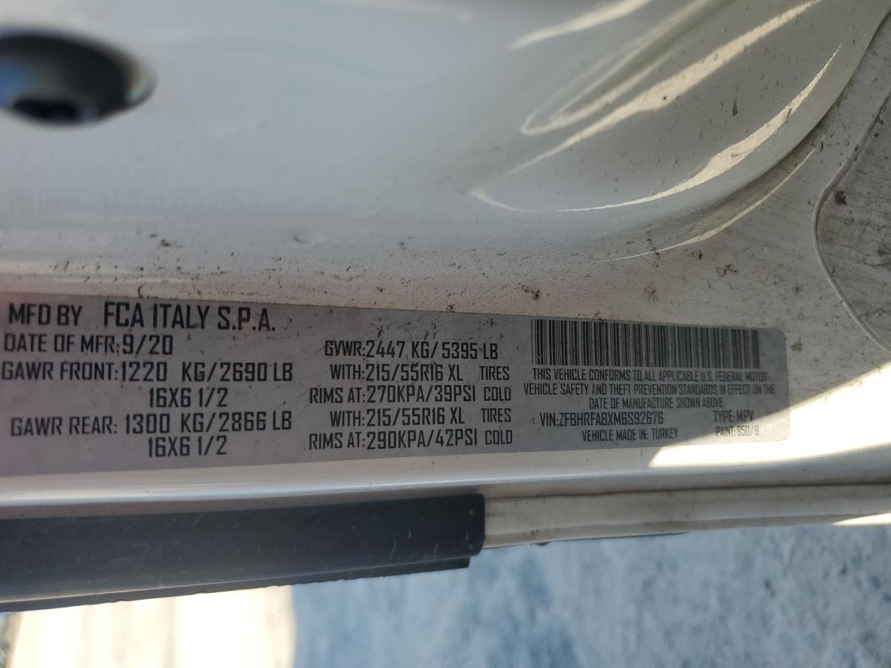 2021 Ram Promaster City VIN: ZFBHRFABXM6S92676 Lot: 80628215