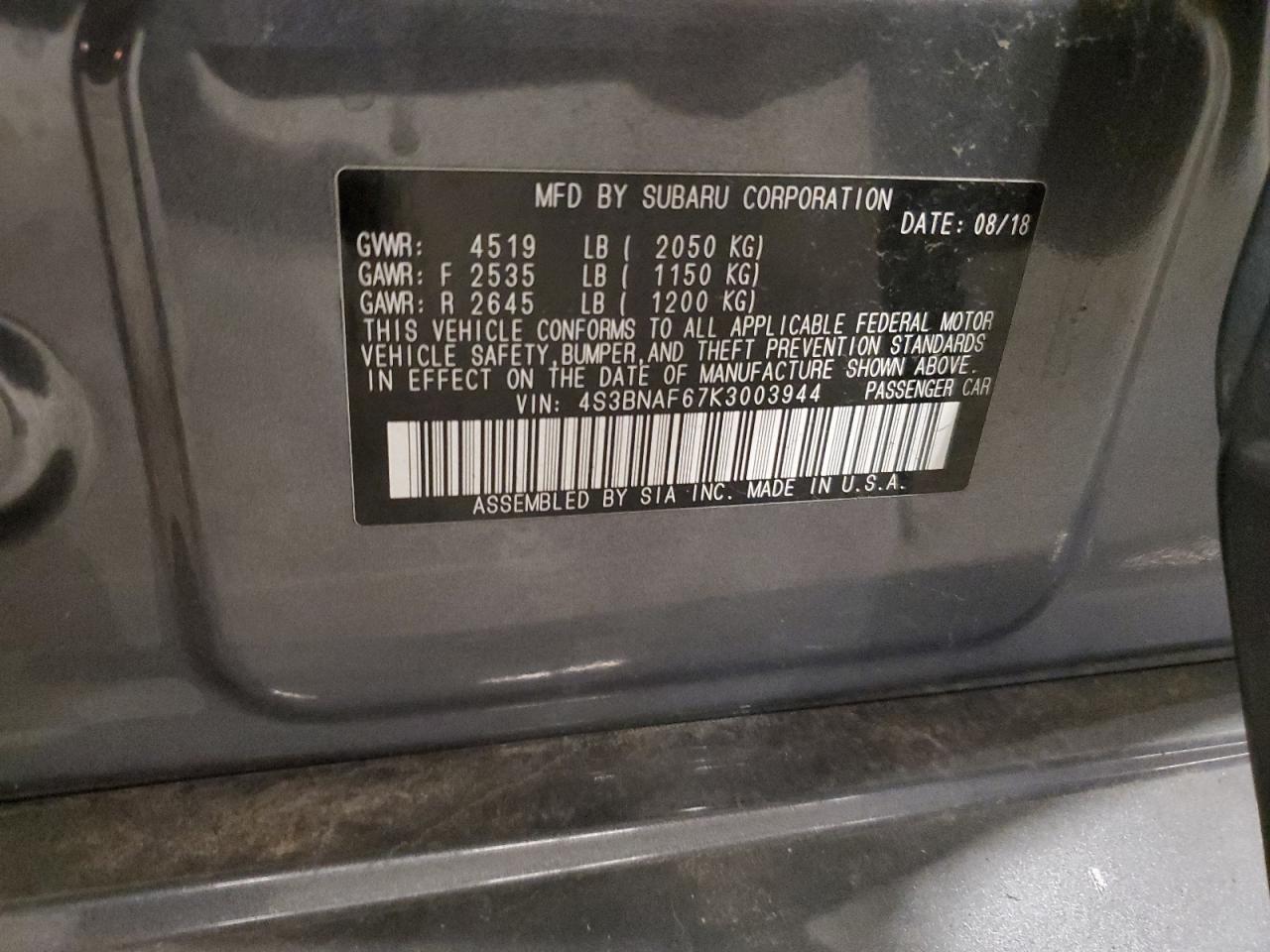 2019 Subaru Legacy 2.5I Premium VIN: 4S3BNAF67K3003944 Lot: 83888745