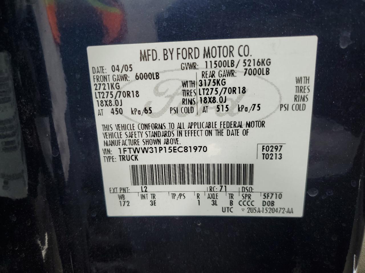 2005 Ford F350 Srw Super Duty VIN: 1FTWW31P15EC81970 Lot: 71129115