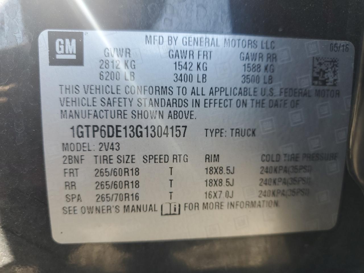 2016 GMC Canyon Slt VIN: 1GTP6DE13G1304157 Lot: 84001595