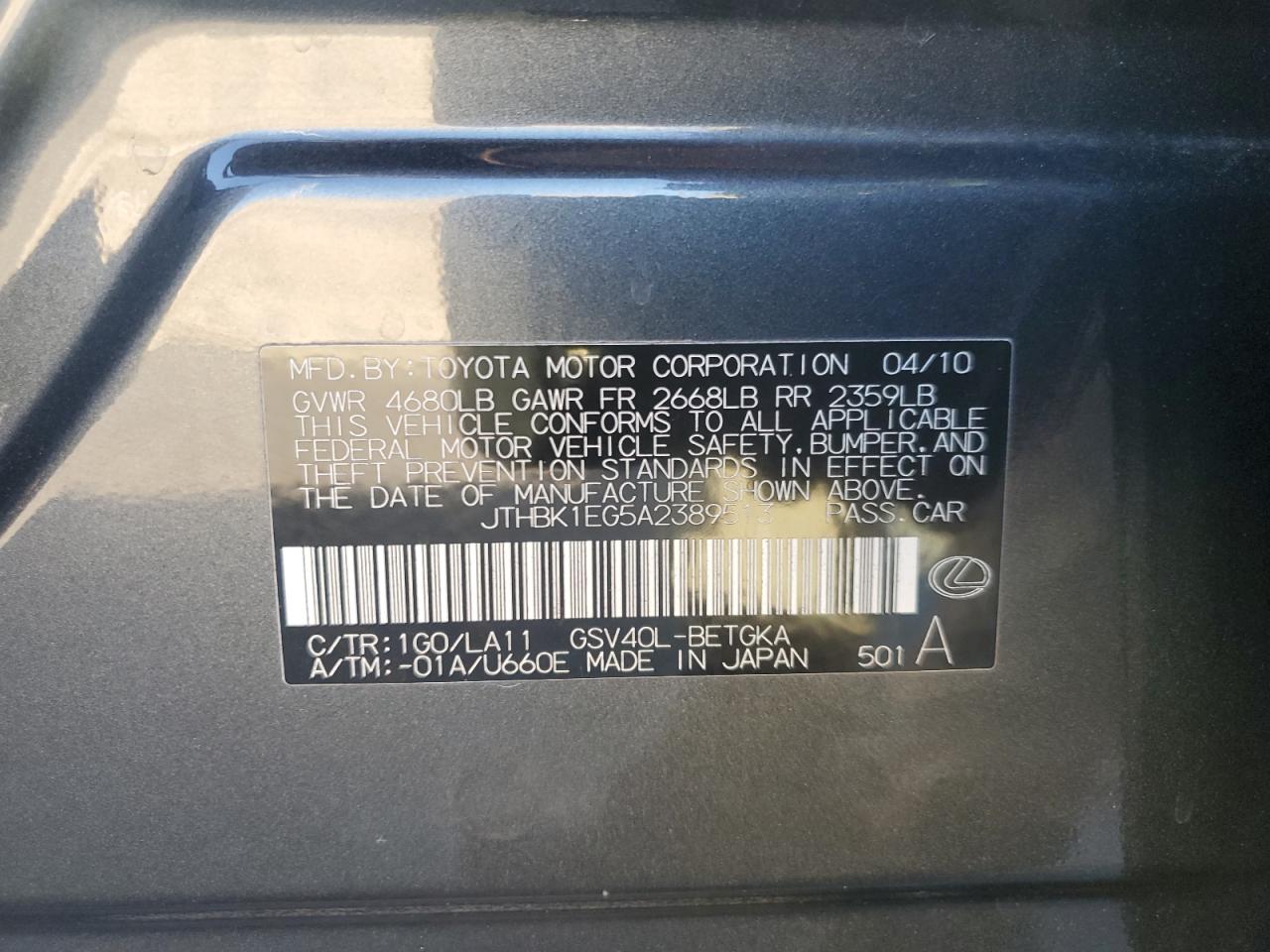 2010 Lexus Es 350 VIN: JTHBK1EG5A2389513 Lot: 81642535