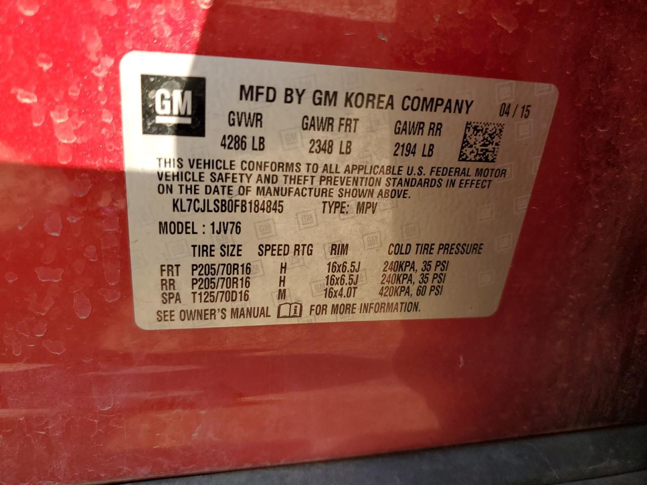 2015 Chevrolet Trax 1Lt VIN: KL7CJLSB0FB184845 Lot: 80157665