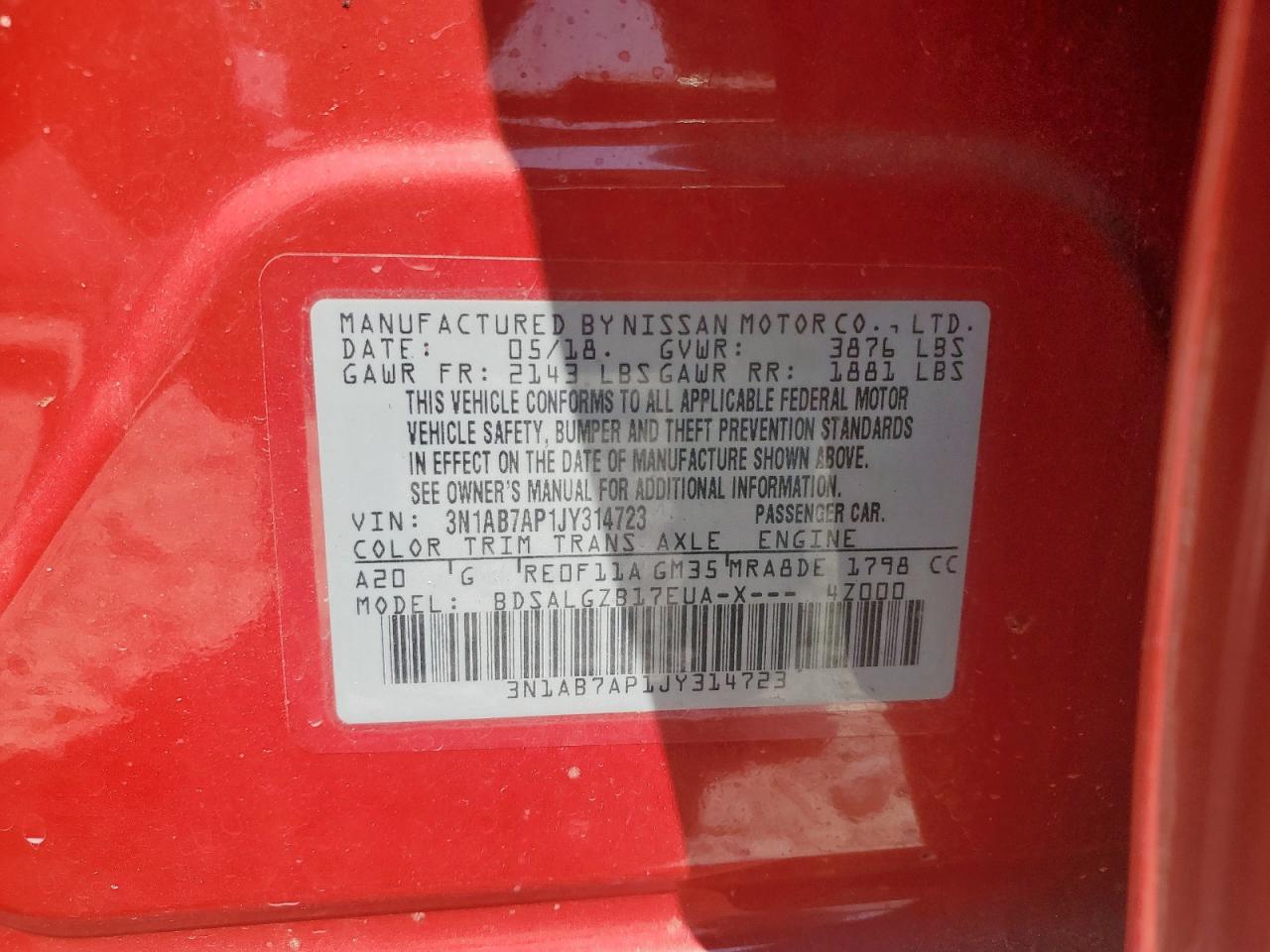 2018 Nissan Sentra S VIN: 3N1AB7AP1JY314723 Lot: 80016975