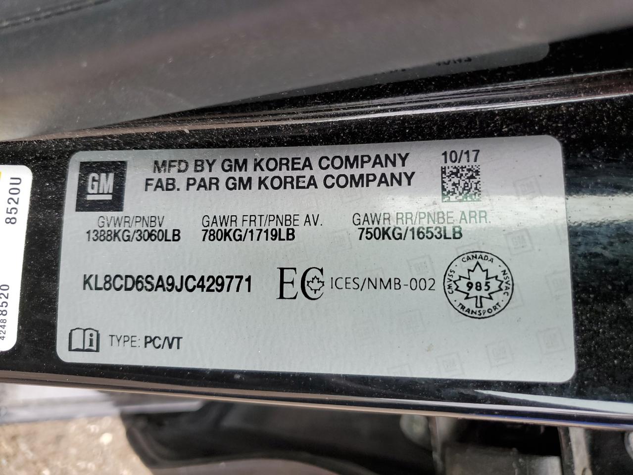 2018 Chevrolet Spark 1Lt VIN: KL8CD6SA9JC429771 Lot: 83946415