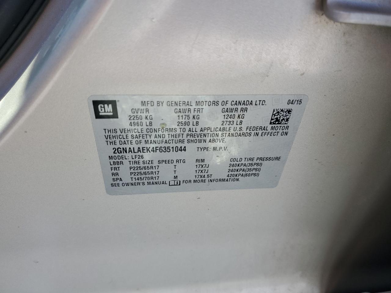 2015 Chevrolet Equinox Ls VIN: 2GNALAEK4F6351044 Lot: 80126725