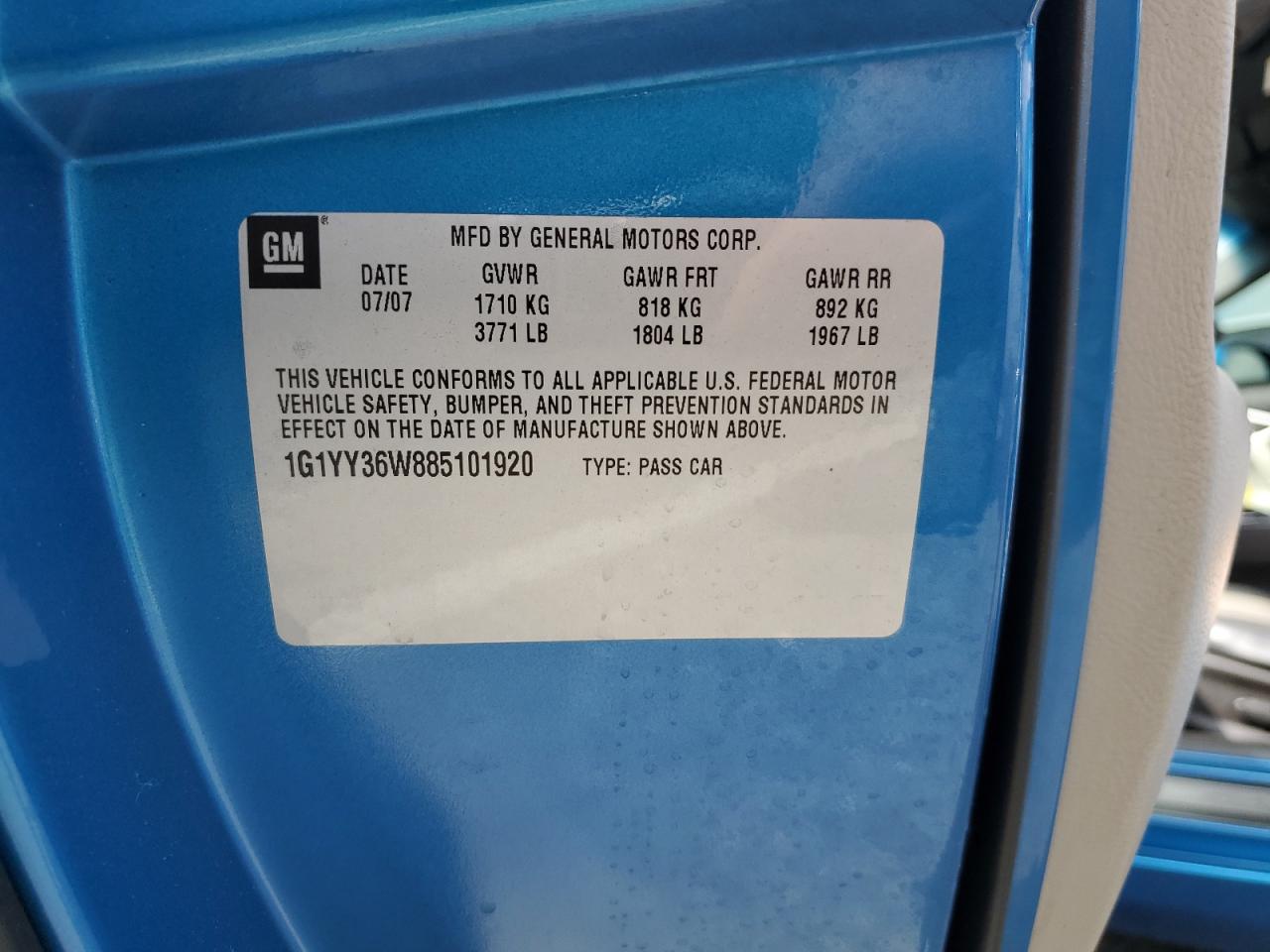 2008 Chevrolet Corvette VIN: 1G1YY36W885101920 Lot: 80190865