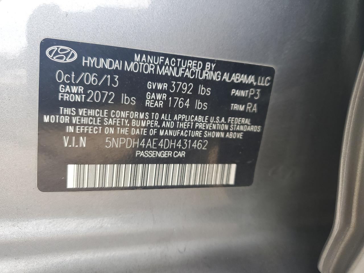 2013 Hyundai Elantra Gls VIN: 5NPDH4AE4DH431462 Lot: 71161075