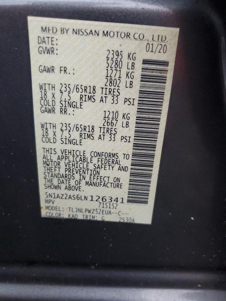 2020 Nissan Murano S VIN: 5N1AZ2AS6LN126341 Lot: 81651365