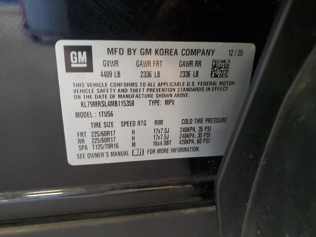 2021 Chevrolet Trailblazer Lt VIN: KL79MRSL4MB115358 Lot: 81574335