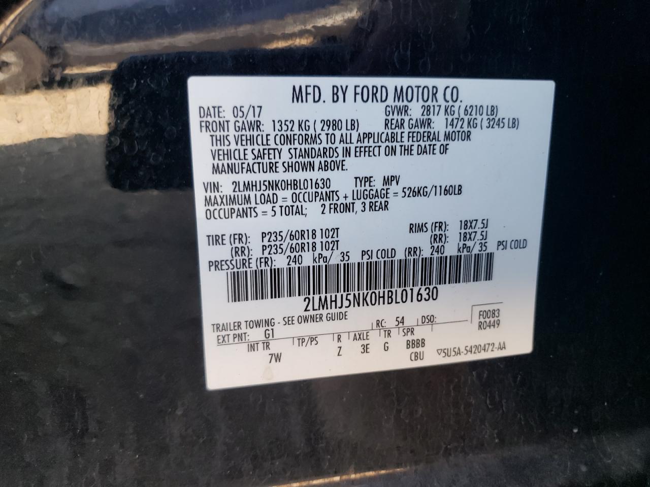 2017 Lincoln Mkt VIN: 2LMHJ5NK0HBL01630 Lot: 80813175