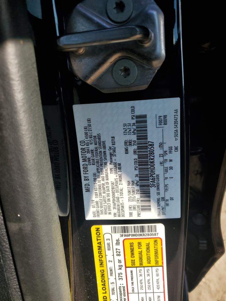 2019 Ford Fusion Se VIN: 3FA6P0HD0KR280587 Lot: 81037355